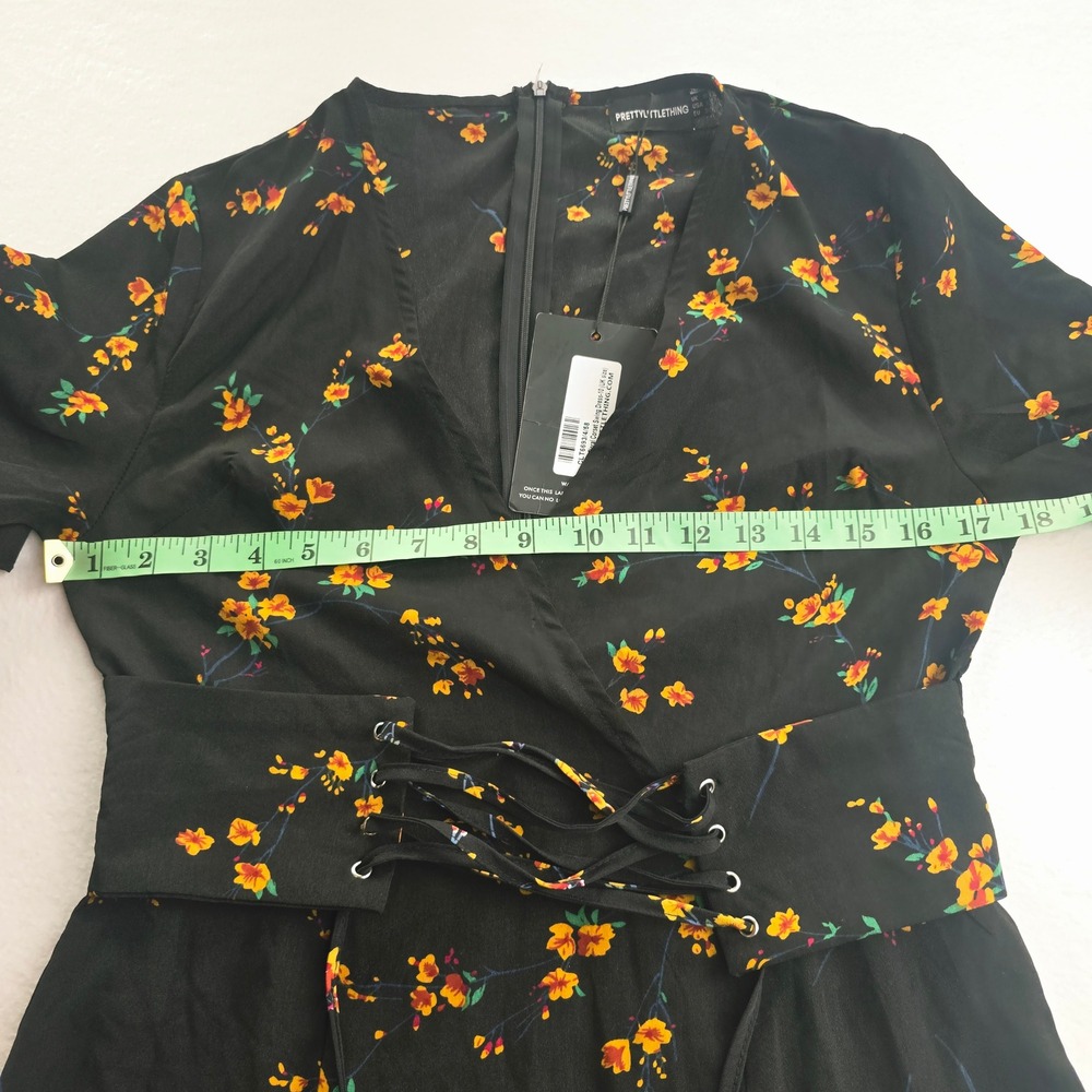PrettyLittleThing NWT Black Floral Corset Swing Dress Mini Ruffle Sleeve Size 6 - Picture 9 of 12